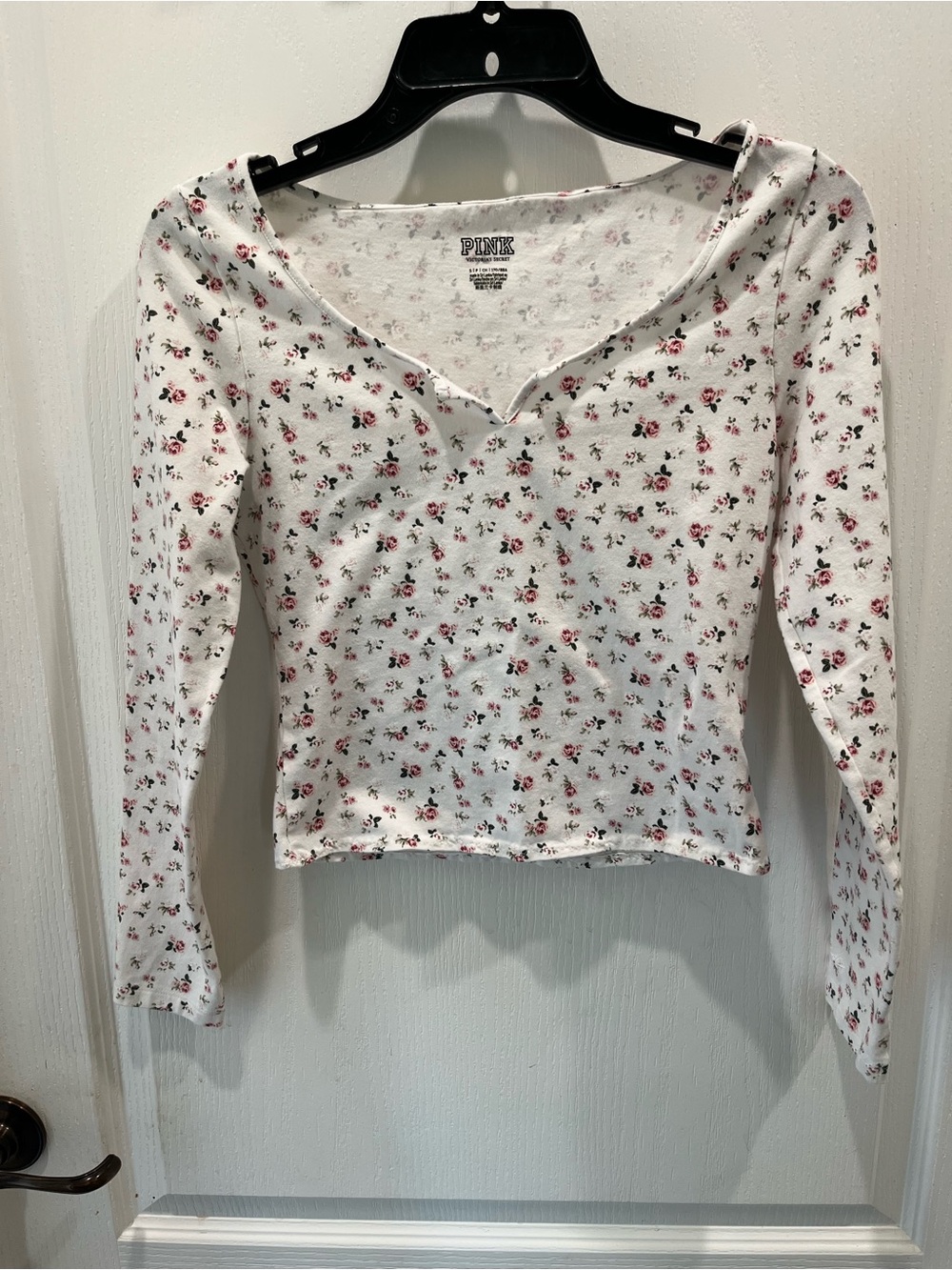 PINK Victoria's Secret White Long Sleeve Floral Henley Top